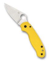 Spyderco Para 3 Salt folding knife with thumb hole - shown open presentation side.  Satin MagnaCut stainless steel plain edge blade.  Yellow FRN handle.  Model C223PYL.