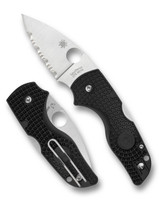 Spyderco Lil' Native folding knife with thumb hole - shown open presentation side and closed pocket clip side.  Satin CTS-BD1N stainless steel serrated edge blade.  Black FRN handle.  Model C230SBK.