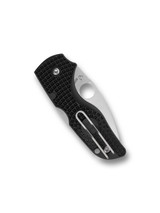 Spyderco Lil' Native folding knife with thumb hole - shown closed pocket clip side.  Satin CTS-BD1N stainless steel serrated edge blade.  Black FRN handle.  Model C230SBK.