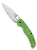 Spyderco Native Chief Salt folding knife with thumb hole - shown open presentation side.  Satin LC200N stainless steel plain edge blade.  Green FRN handle.  Model C244PGR.
