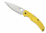 Spyderco Native Chief Salt folding knife with thumb hole - shown open presentation side.  Satin MagnaCut stainless steel serrated edge blade.  Yellow FRN handle.  Model C244SYL.
