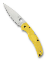 Spyderco Native Chief Salt folding knife with thumb hole - shown open presentation side.  Satin MagnaCut stainless steel serrated edge blade.  Yellow FRN handle.  Model C244SYL.