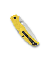 Spyderco Native Chief Salt folding knife with thumb hole - shown closed pocket clip side.  Satin MagnaCut stainless steel serrated edge blade.  Yellow FRN handle.  Model C244SYL.