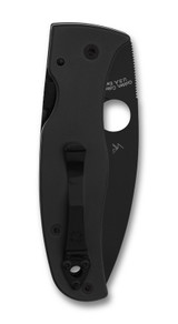 Spyderco Bodacious folding knife with thumb hole - shown closed pocket clip side.  Black S30V stainless steel plain edge blade.  Black G-10 handle.  Model C263GPBK.

