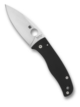 Spyderco Bodacious folding knife with thumb hole - shown open presentation side.  Satin S30V stainless steel plain edge blade.  Black G-10 handle.  Model C263GP.