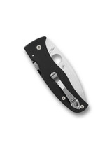 Spyderco Bodacious folding knife with thumb hole - shown closed pocket clip side.  Satin S30V stainless steel plain edge blade.  Black G-10 handle.  Model C263GP.