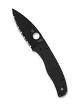 Spyderco Bodacious folding knife with thumb hole - shown open presentation side.  Black S30V stainless steel serrated edge blade.  Black G-10 handle.  Model C263GSBK.