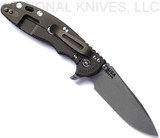 Rick Hinderer Knives XM-18 3.5" Spear Point folding knife with thumb stud and flipper tab - shown open lock side.  Working Finish S45VN stainless steel plain edge blade.  Blue - black G-10 handle with Battle Bronze lock side.  Model KXM35SPE.
