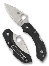 Spyderco Dragonfly 2 folding knife with thumb hole - shown open presentation side and closed pocket clip side.  Satin VG-10 stainless steel plain edge blade.  Black FRN handle.  Model C28PBK2. Spyderco Dragonfly 2 folding knife with thumb hole - shown open presentation side and closed pocket clip side.  Satin VG-10 stainless steel plain edge blade.  Black FRN handle.  Model C28PBK2.