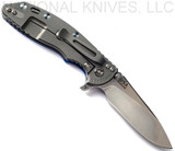 Rick Hinderer Knives XM-18 3.5" Slicer folding knife with thumb stud and flipper tab - shown open lock side.  Stonewash S45VN stainless steel plain edge blade.  Blue G-10 handle with Working Finish lock side.  Model KXM35SL.