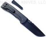 Chaves Knives Redencion 229 Drop Point folding knife with flipper tab - shown open presentation side with extra pocket clip aside it.  Black M390 stainless steel plain edge blade.  Titanium handle with large green Micarta inlay.  Model 229/KS/DP/LGGRNMC.