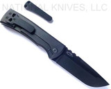 Chaves Knives Redencion 229 Drop Point folding knife with flipper tab - shown open lock side with extra pocket clip aside it.  Black M390 stainless steel plain edge blade.  Titanium handle with large black Micarta inlay.  Model 229/KS/DP/LGBKMC.