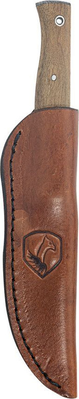Condor Tool and Knife Narrowsaur fixed blade knife - shown in sheath obverse.  1095 HC steel plain edge blade.  Wood handle.  Model CTK3971-4.22HC.