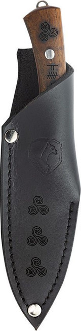 Condor Tool and Knife Druid fixed blade knife - shown in sheath obverse.  1095 HC steel plain edge blade.  Wood handle.  Model CTK3974-4.5HC.