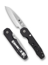 Spyderco Smock folding knife with thumb hole and flipper - shown open presentation side and closed pocket clip side.  Satin S30V stainless steel plain edge blade.  Black carbon fiber and G-10 laminate handle.  Model C240CFP.