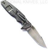 Rick Hinderer Knives Eklipse Harpoon Tanto folding knife with flipper tab and thumb stud - shown open lock side.  Stonewash S45VN stainless steel plain edge blade.  Blue - black G-10 handle with stonewash lock side.  Model KEK35HT.