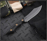 RMJ Tactical Ratatosk fixed blade knife with bronze hardware installed - shown out of sheath obverse.  Graphite Black Cerakote Nitro-V stainless steel plain edge blade.  Black Micarta handle.  Model K-RT-GB-LM-BK.