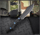RMJ Tactical Ratatosk fixed blade knife with blue hardware installed - shown out of sheath obverse.  Graphite Black Cerakote Nitro-V stainless steel plain edge blade.  Black Micarta handle.  Model K-RT-GB-LM-BK.