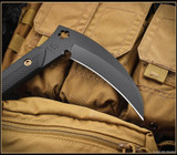 RMJ Tactical 3V Syndicate Senshi kama - shown close up of blade out of sheath obverse.  Graphite Black Cerakote CPM-3V steel plain edge blade.  Black G-10 handle.  Model T-SE-GB-BK.