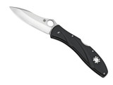 Spyderco Centofante 3 folding knife with thumb hole - shown open presentation side.  Satin VG-10 stainless steel plain edge blade.  Black FRN handle.  Model C66PBK3.