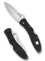 Spyderco Centofante 3 folding knife with thumb hole - shown open presentation side and closed pocket clip side.  Satin VG-10 stainless steel plain edge blade.  Black FRN handle.  Model C66PBK3.