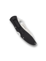 Spyderco Centofante 3 folding knife with thumb hole - shown closed pocket clip side.  Satin VG-10 stainless steel plain edge blade.  Black FRN handle.  Model C66PBK3.