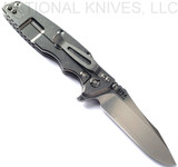 Rick Hinderer Knives Eklipse Spear Point folding knife with flipper tab and thumb stud - shown open lock side.  Stonewash S45VN stainless steel plain edge blade.  Black G-10 handle with stonewash lock side.  Model KEK35SPE.