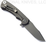 Rick Hinderer Knives Project X Clip Point folding knife with flipper tab - shown open lock side.  Working Finish S45VN stainless steel plain edge blade.  OD green G-10 handle with Working Finish lock side.  Model KPXSPE.