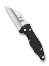Spyderco Yojimbo 2 folding knife with thumb hole - shown open presentation side.  Satin S30V stainless steel plain edge blade.  Black G-10 handle. Model C85GP2.