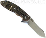 Rick Hinderer Knives XM-18 3.5" Skinner folding knife with thumb stud and flipper tab - shown open lock side.  Stonewash S45VN stainless steel plain edge blade.  Coyote G-10 handle with stonewash bronze lock side.  Model KXM35SKINNER.