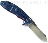 Rick Hinderer Knives XM-18 3.5" Skinner folding knife with thumb stud and flipper tab - shown open lock side.  Stonewash S45VN stainless steel plain edge blade.  Red G-10 handle with stonewash blue lock side.  Model KXM35SKINNER.