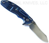Rick Hinderer Knives XM-18 3.5" Skinner folding knife with thumb stud and flipper tab - shown open lock side.  Stonewash S45VN stainless steel plain edge blade.  Blue G-10 handle with stonewash blue lock side.  Model KXM35SKINNER.