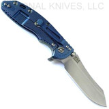 Rick Hinderer Knives XM-18 3.5" Skinner folding knife with thumb stud and flipper tab - shown open lock side.  Stonewash S45VN stainless steel plain edge blade.  Translucent Green G-10 handle with stonewash blue lock side.  Model KXM35SKINNER.