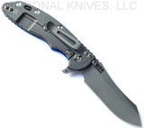 Rick Hinderer Knives XM-18 3.5" Skinner folding knife with thumb stud and flipper tab - shown open lock side.  Working Finish S45VN stainless steel plain edge blade.  Blue G-10 handle with Working Finish lock side.  Model KXM35SKINNER.