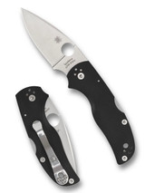 Spyderco Native 5 folding knife with thumb hole - shown open presentation side and closed pocket clip side.  Satin S30V stainless steel plain edge blade.  Black G-10 handle.  Model C41GP5.

