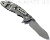 Rick Hinderer Knives XM-18 3.5" Skinner folding knife with thumb stud and flipper tab - shown open lock side.  Working Finish S45VN stainless steel plain edge blade.  Black G-10 handle with Working Finish lock side.  Model KXM35SKINNER.
