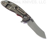 Rick Hinderer Knives XM-18 3.5" Skinner folding knife with thumb stud and flipper tab - shown open lock side.  Working Finish S45VN stainless steel plain edge blade.  Red G-10 handle with Battle Bronze lock side.  Model KXM35SKINNER.
