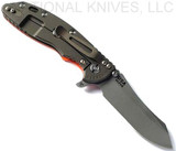 Rick Hinderer Knives XM-18 3.5" Skinner folding knife with thumb stud and flipper tab - shown open lock side.  Working Finish S45VN stainless steel plain edge blade.  Orange G-10 handle with Battle Bronze lock side.  Model KXM35SKINNER.