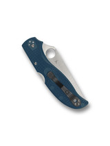 Spyderco Stretch 2 XL folding knife with thumb hole - shown closed pocket clip side.  Satin K390 steel plain edge blade.  Blue FRN handle.  Model C258FPK390.
