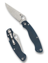 Spyderco Military 2 folding knife with thumb hole - shown open presentation side and closed pocket clip side.  Satin SPY27 stainless steel plain edge blade.  Cobalt Blue G-10 handle.  Model C36GPCBL2.
