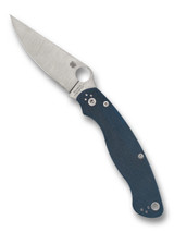 Spyderco Military 2 folding knife with thumb hole - shown open presentation side.  Satin SPY27 stainless steel plain edge blade.  Cobalt Blue G-10 handle.  Model C36GPCBL2.