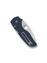 Spyderco Lil' Native folding knife with thumb hole - shown closed pocket clip side.  Satin SPY27 stainless steel plain edge blade.  Blue G-10 handle.  Model C230GPCBL.