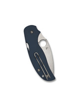 Spyderco Sage 5 folding knife with thumb hole - shown closed pocket clip side.  Satin SPY27 stainless steel plain edge blade.  Blue G-10 handle.  Model C123GBCBL.