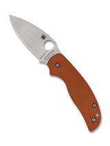 Spyderco Sage 5 folding knife with thumb hole - shown open presentation side.  Satin REX 121 steel plain edge blade.  Orange G-10 handle.  Model C123GBORP.
