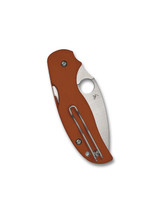 Spyderco Sage 5 folding knife with thumb hole - shown closed pocket clip side.  Satin REX 121 steel plain edge blade.  Orange G-10 handle.  Model C123GBORP.
