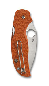 Spyderco Sage 5 folding knife with thumb hole - shown closed pocket clip side.  Satin REX 121 steel plain edge blade.  Orange FRN handle.  Model C123BORP.