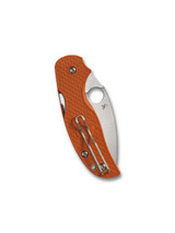 Spyderco Sage 5 folding knife with thumb hole - shown closed pocket clip side.  Satin REX 121 steel plain edge blade.  Orange FRN handle.  Model C123BORP.