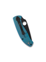 Spyderco Tenacious folding knife with thumb hole - shown closed pocket clip side.  Black 8Cr13MoV stainless steel plain edge blade.  Blue titanium handle.  Model C122TIBLBKP.