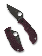 Spyderco Sprint Run Manbug folding knife with thumb hole - shown open obverse and closed reverse.  Black PD#1 steel plain edge blade.  Burgundy FRN handle.  Model MBBGBKP.