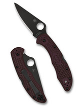 Spyderco Delica 4 Sprint Run folding knife with thumb hole - shown open presentation side and closed pocket clip side. Black PD#1 steel plain edge blade. Burgundy FRN handle. Model C11BGBKP.
Spyderco Delica 4 Sprint Run folding knife with thumb hole - shown open presentation side and closed pocket clip side. Black PD#1 steel plain edge blade. Burgundy FRN handle. Model C11BGBKP.